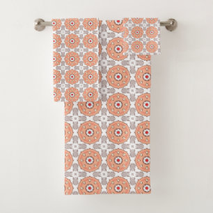 Orange and gray geometric circular pattern bath towel set