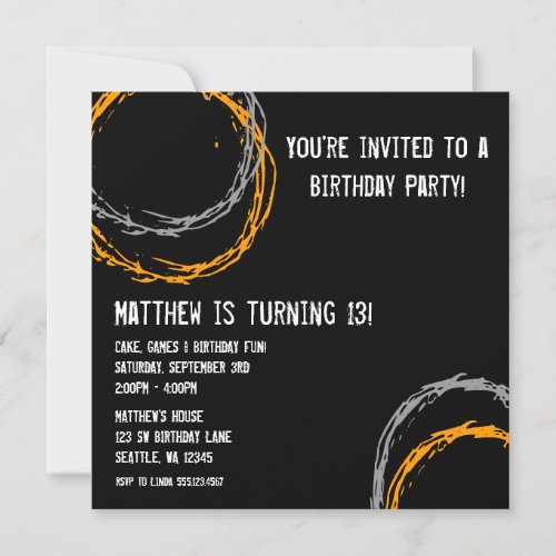 Orange and Gray Grunge Circles Boy Birthday Party Personalized Invites