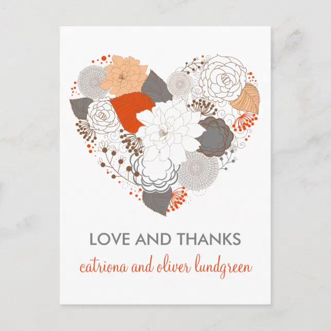 Orange and Gray Heart Flowers Thank You Postcard | Zazzle