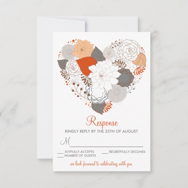 Orange and Gray Heart Flowers Wedding RSVP Card (Front)