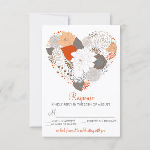 Orange and Gray Heart Flowers Wedding RSVP Card