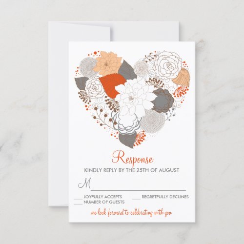 Orange and Gray Heart Flowers Wedding RSVP Card