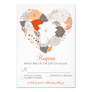 Orange and Gray Heart Flowers Wedding RSVP Card