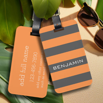 Orange And Gray Rugby Stripes With Custom Name Luggage Tag by MarshBaby at Zazzle
