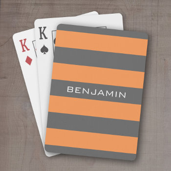 Orange And Gray Rugby Stripes With Custom Name Playing Cards by MarshBaby at Zazzle