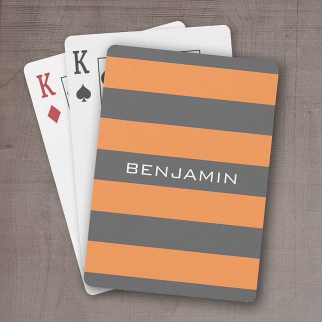 Orange and Gray Rugby Stripes with Custom Name Poker Cards (Personalized playing cards - sporty, preppy stripe pattern with name. Great gift for the guys!)