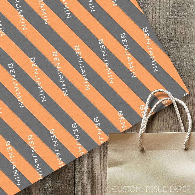 Orange and Gray Rugby Stripes with Custom Name Tissue Paper (Custom Tissue Paper)