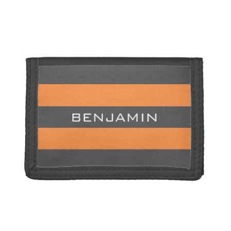 Orange And Gray Rugby Stripes With Custom Name Trifold Wallet
