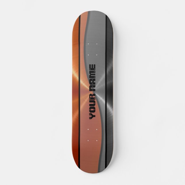 Orange and Gray Shiny Stainless Steel Metal Skateboard Deck (Front)