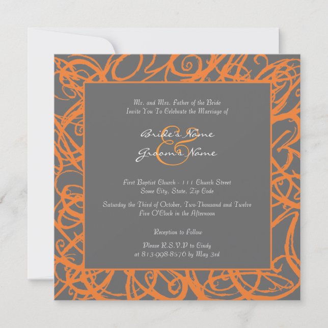 Orange and Gray Sketchy Frame Wedding Invitation (Front)