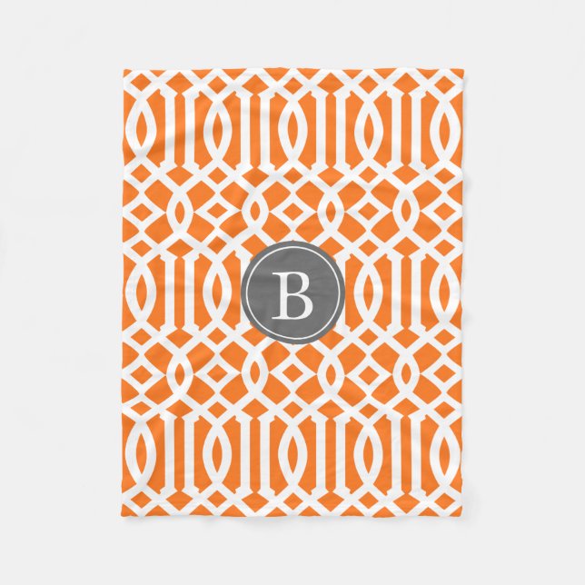 Orange and Gray Trellis Pattern Monogram Fleece Blanket (Front)
