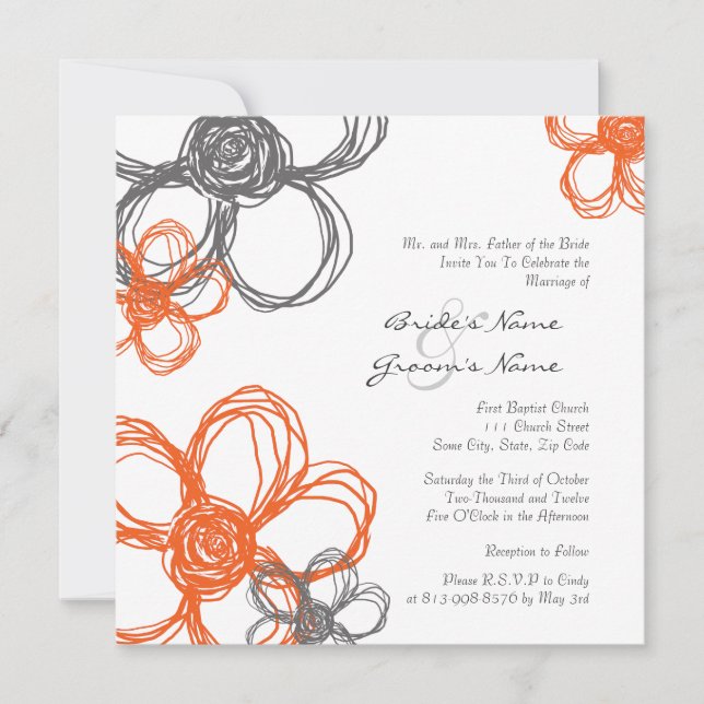 Orange and Gray Wild Flowers Wedding Invitation (Front)