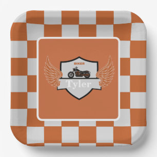 Orange and gray wings checkered and motorcycle paper plates