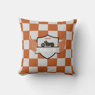 Orange and gray wings checkered motorcycle throw pillow