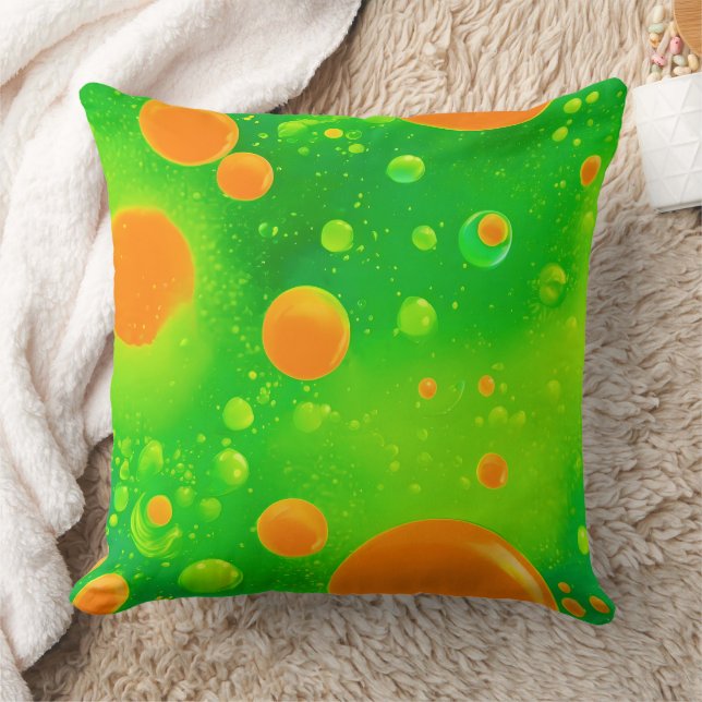 Orange and Green Bubble Abstract Art Throw Pillow (Blanket)