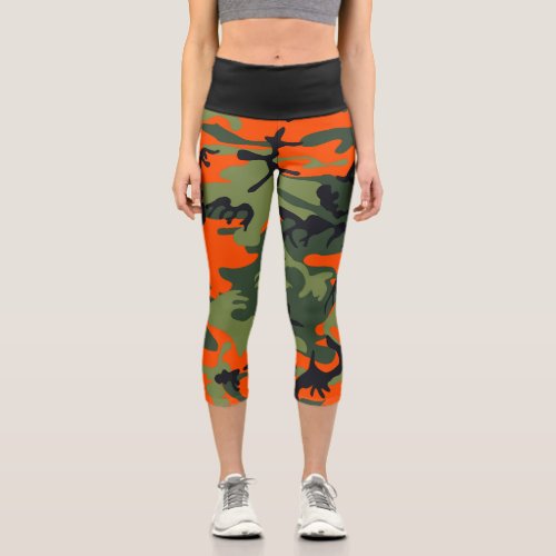 Orange and Green Camouflage Military Army Capri Leggings