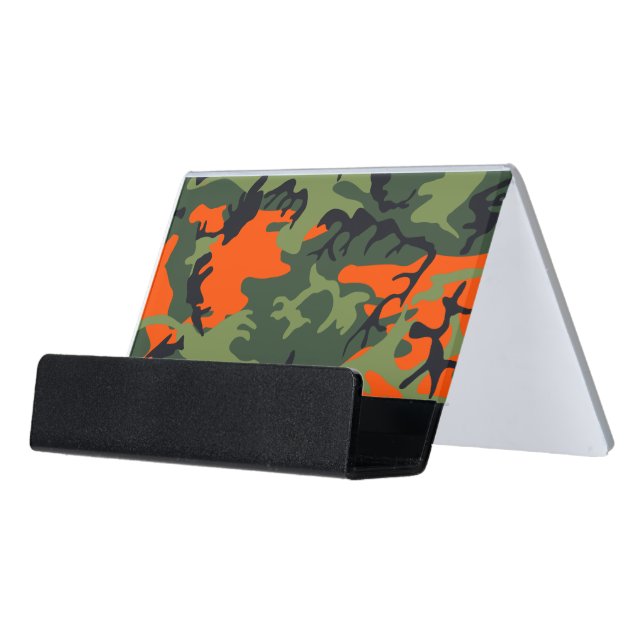 Orange and Green Camouflage, Military, Army Desk Business Card Holder (Angled Front)