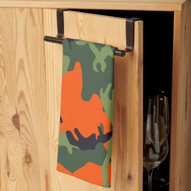 Orange and Green Camouflage, Military, Army Kitchen Towel (Thirds Fold)