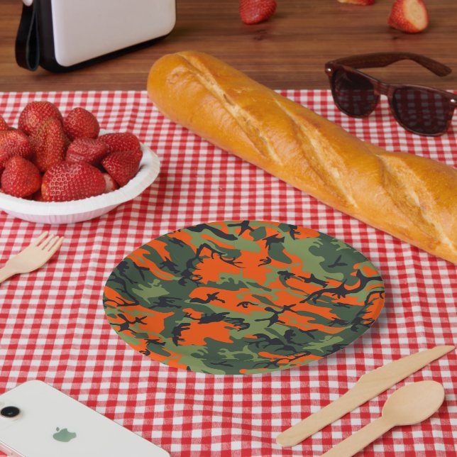 Orange and Green Camouflage, Military, Army Paper Plates (Picnic)