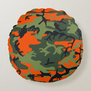 Orange and Green Camouflage, Military, Army Round Pillow