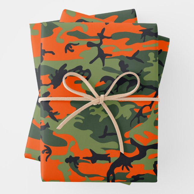 Orange and Green Camouflage, Military, Army Wrapping Paper Sheets (In situ)