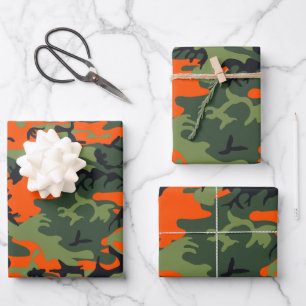 Orange and Green Camouflage, Military, Army Wrapping Paper Sheets