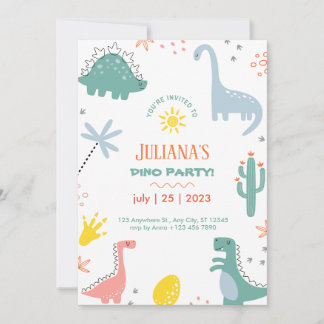 Orange And Green Childish Dinosaur Birthday  Invitation