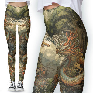 Orange And Green Chinese Tree Dragon Tattoo Mythic Leggings