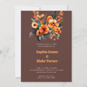 Orange and Green Floral Bouquet Brown Wedding Invitation