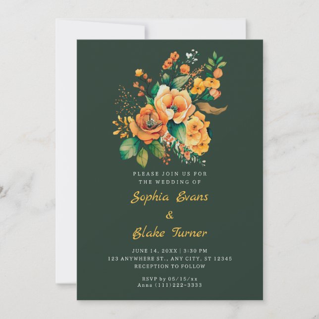 Orange And Green Floral Bouquet Green Wedding Invitation (Front)