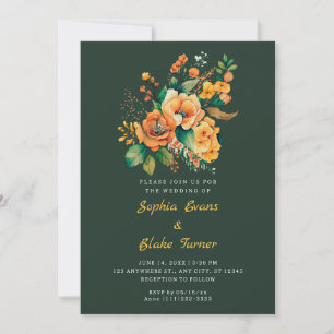 Orange And Green Floral Bouquet Green Wedding Invitation