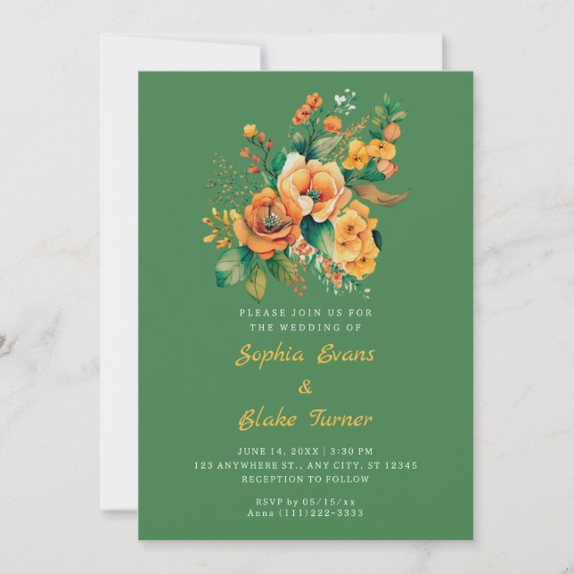 Orange And Green Floral Bouquet Green Wedding Invitation (Front)