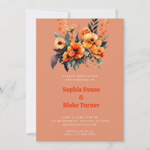 Orange and Green Floral Bouquet Orange Wedding Invitation