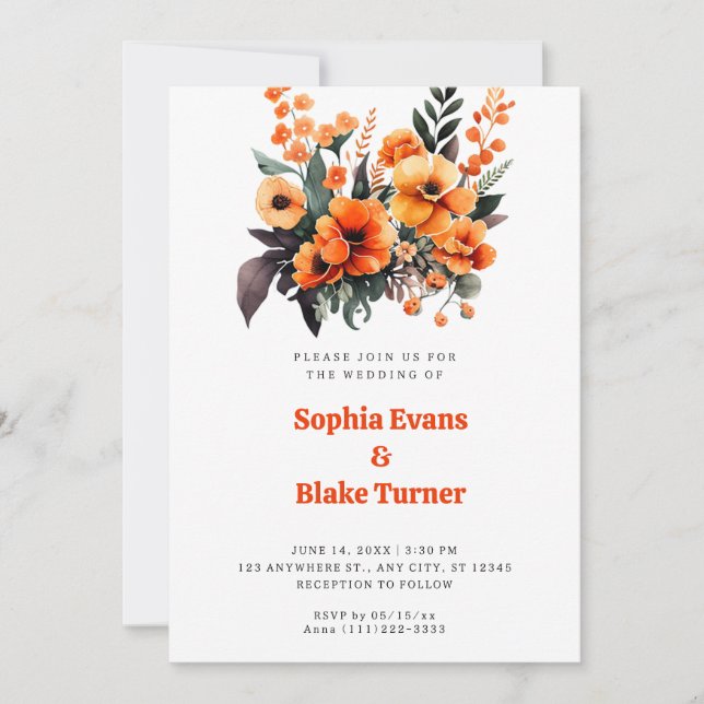 Orange and Green Floral Bouquet White Wedding Invitation (Front)