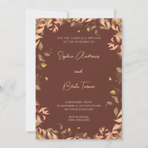 Orange and Green Floral Leaves Brown Wedding Invitation