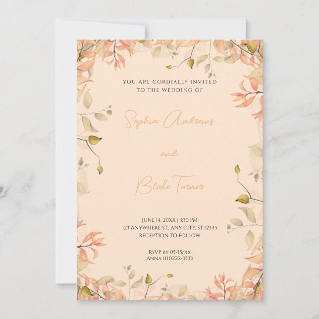 Orange and Green Floral Leaves Cream Wedding Invitation (Front)
