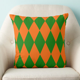 Orange and Green Harlequin Checkered Design Throw Pillow