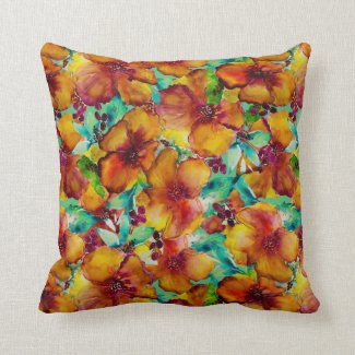 Orange and Green Hibiscus Watercolor Tropical Throw Pillow