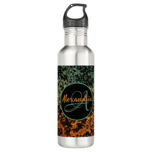  Orange and Green Moody Black Floral Monogram    Stainless Steel Water Bottle