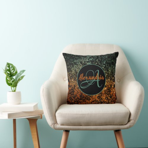  Orange and Green Moody Black Floral Monogram  Throw Pillow