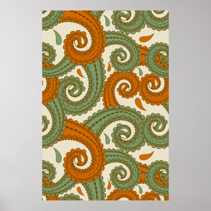 Orange and green paisley pattern poster