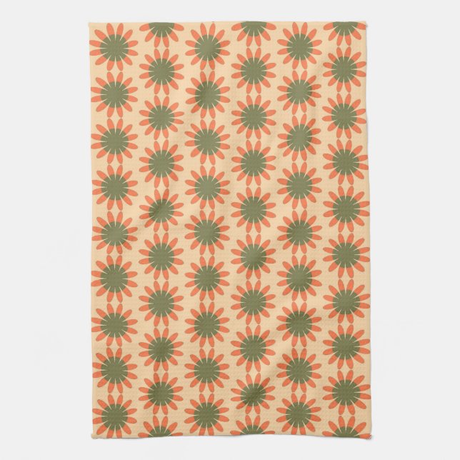 Orange and Green Retro Flower Pattern Kitchen Towel (Vertical)