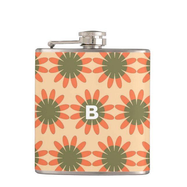Orange and Green Retro Flower Pattern Monogram Flask (Front)