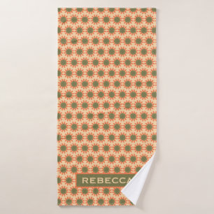 Orange and Green Retro Flower Pattern Personalised Bath Towel