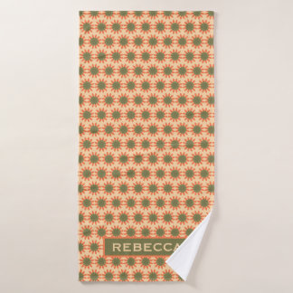 Orange and Green Retro Flower Pattern Personalised Bath Towel