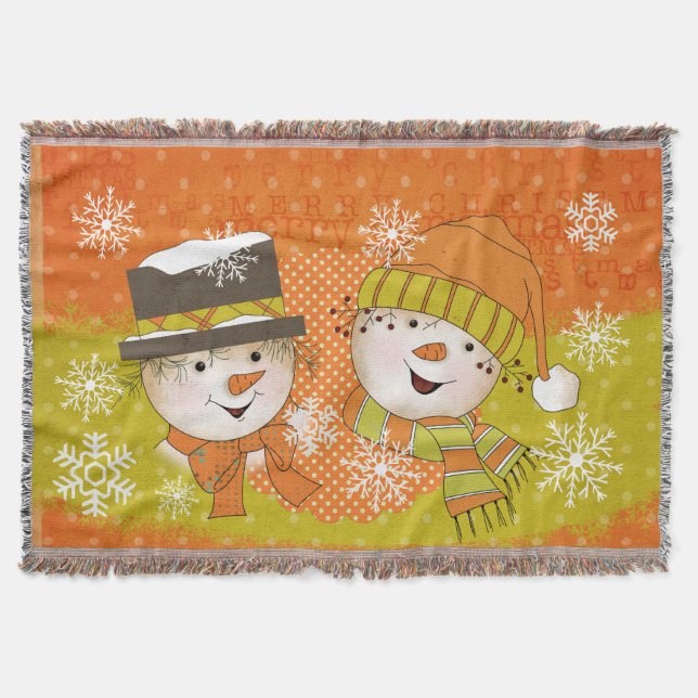Orange and Green Snowmen Holiday Throw Throw Blanket (Front)
