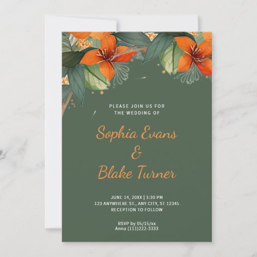 Orange and Green Tropical Floral Green Wedding Invitation