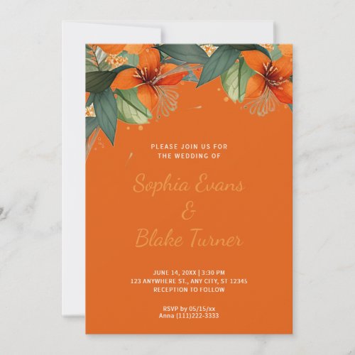 Orange and Green Tropical Floral Orange Wedding Invitation