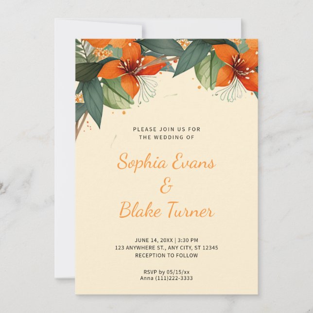 Orange and Green Tropical Floral Yellow Wedding Invitation (Front)