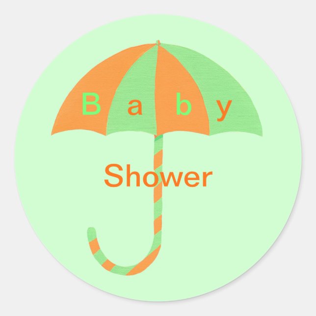 Orange and Green Umbrella Baby Shower Stickers (Front)